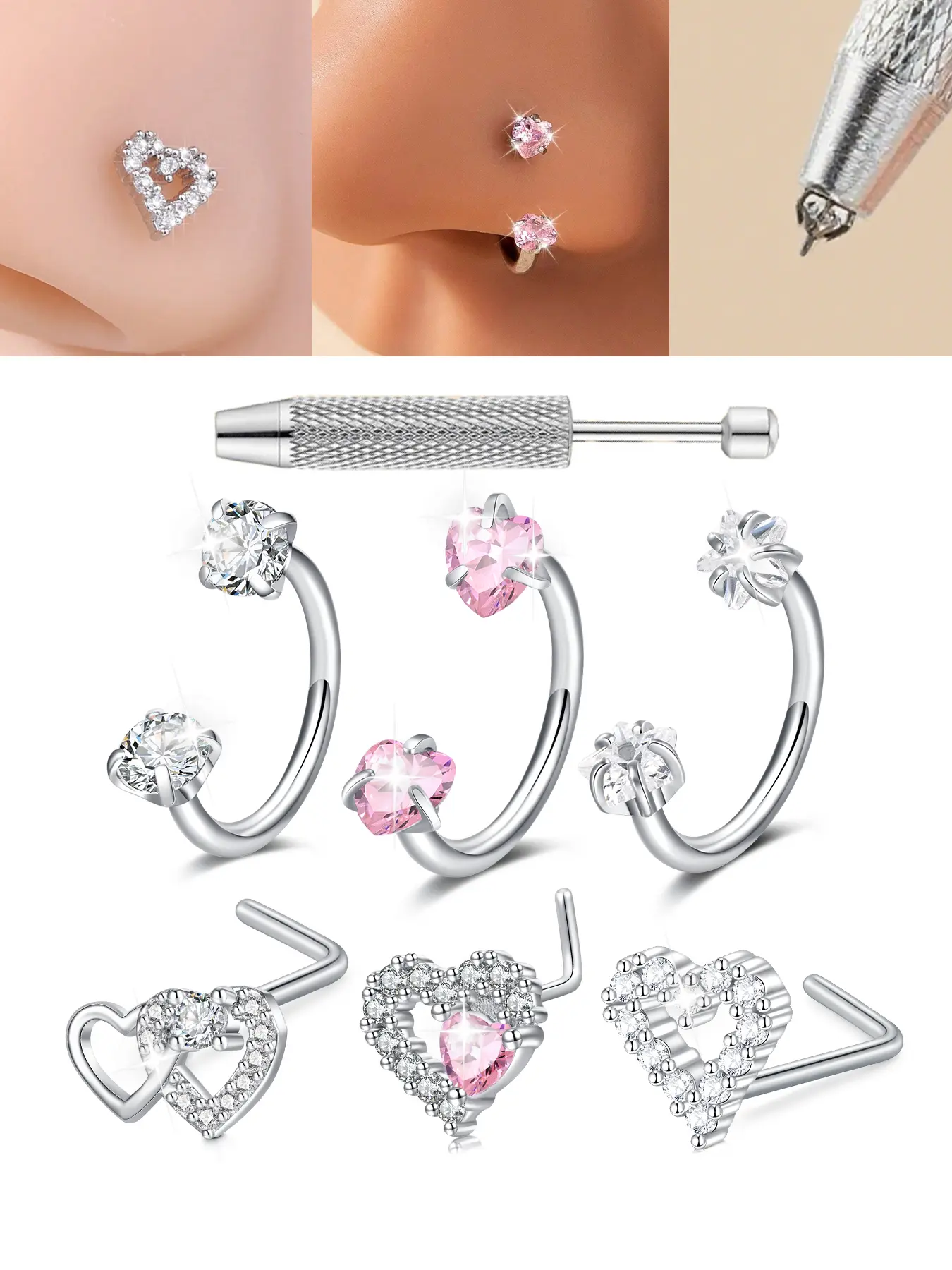 Unisex Stainless Steel Cz Nose Ring, Nose Piercing Jewelry, Body Piercing Jewelry, Heart & Star Design, 18g Soft Cartilage Earring Studs, Fashionable Jewelry Gift, Nose Rings Set