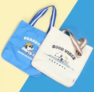 MINISO Snoopy Ocean Diary Tote Bag Large-Capacity Eco-Friendly Shoulder Canvas Bag Shopping Grocery Bag Cute Square Everyday Tote Daily Campus Work Use Valentine Gift for Girlfriends