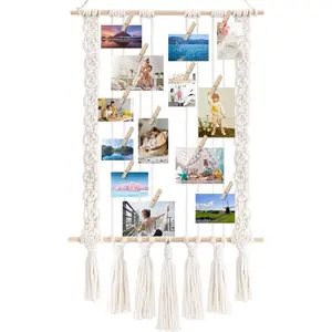 Hanging Photo Display with 30 Wood Clips Macrame Wall Hanging Picture Holder Collage Picture Frame for Boho Home Room Decor Teen Girl Gifts for Birthday Mother's Day Gift for Mom