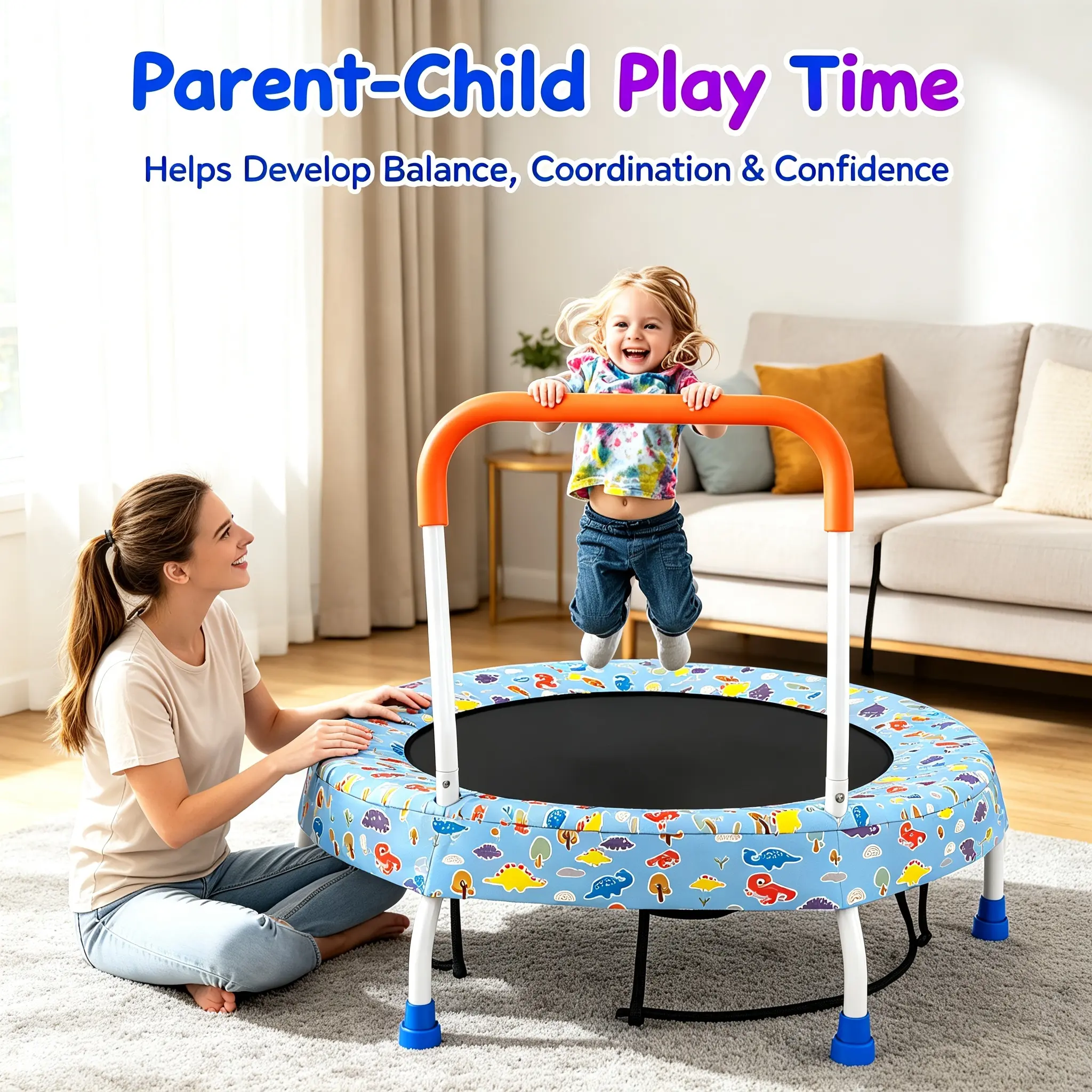 28-Inch adjustable bar Spring-Free Toddler recreational Trampoline with Foam Handrail, No-Gap Anti-Pinch Mini Trampoline for Kids Ages 1+, Quiet Bungee Cord Indoor-Outdoor Active Play Toy, 55 lbs Max Load Screen-Free Energy Burner for Boys Girls  gift