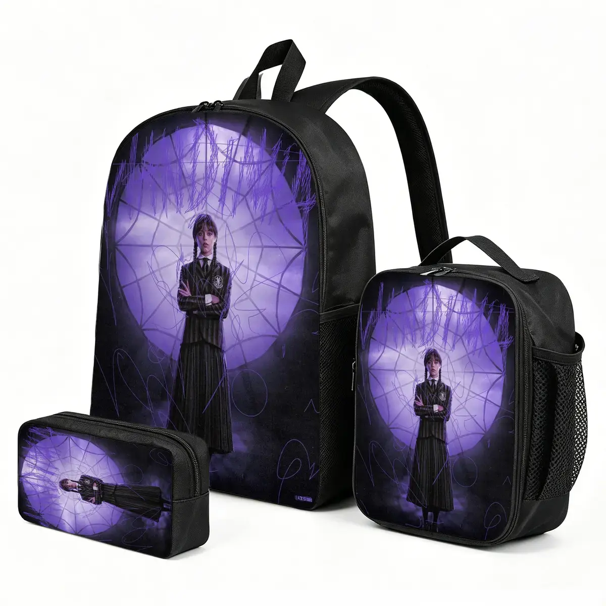 Wednesday 3-Piece Kids Backpack Set for Boys & Girls, Elementary School Graphic-Print Combo with Insulated Lunch Bag, Cute Travel Daypack & Pencil Case, Boy, Back To School Haul