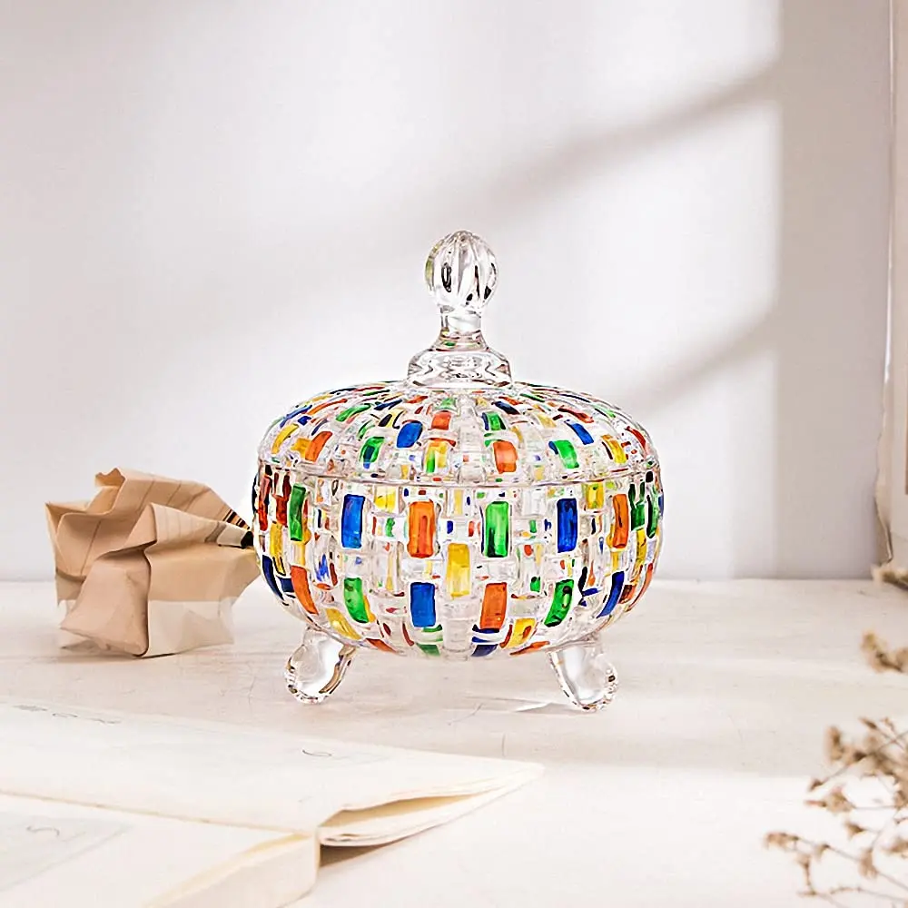 Colorful Large Glass Candy Box, 1 Count Candy Jar with Lid, Decorative Glass Jar, Storage Jar for Jewelry, Glass Storage Container, Glass Storage Jars, Durable Glass Candy Box for Home Office Decor, Bottles