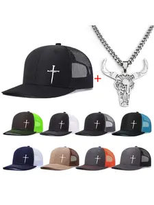 Unisex Baseball Cap Mesh Hat & Bull Head Necklace Set, Cross Printed Mesh Design, Adjustable Fit, Casual All-Season Wear, Men/women, Snapback Trucker Hat, Quality Caps