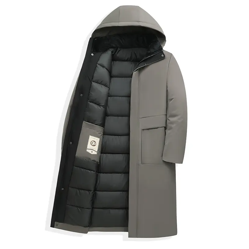Men’s Plush Fabric Seamless Plain Long Over-The-Knee Hooded Down Coat - Menswear for Business Commuting, Thick Heat-Sealed Cold-Resistant, Windproof Warm Outerwear Jacket casual look