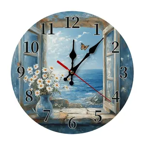 Vintage Coastal Window Wall Clock, 10 Inch Silent Non-Ticking Analog Clock with Ocean View, Floral Daisy Butterfly Design, Perfect Nautical Gift for Beach House & Ocean Lovers