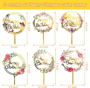 6Pcs Happy Birthday Cake Toppers Gold Flower Acrylic Cupcake Cake Toppers for Various Birthday Party Anniversary Pastries Decorations