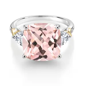 Gem Stone King 8.47 Cttw Peach Nano Morganite White Moissanite and Diamond Ring For Women | 925 and 10K Yellow | 12MM Cushion and 5MM Trillion | Wedding Engagement Anniversary Promise Ring