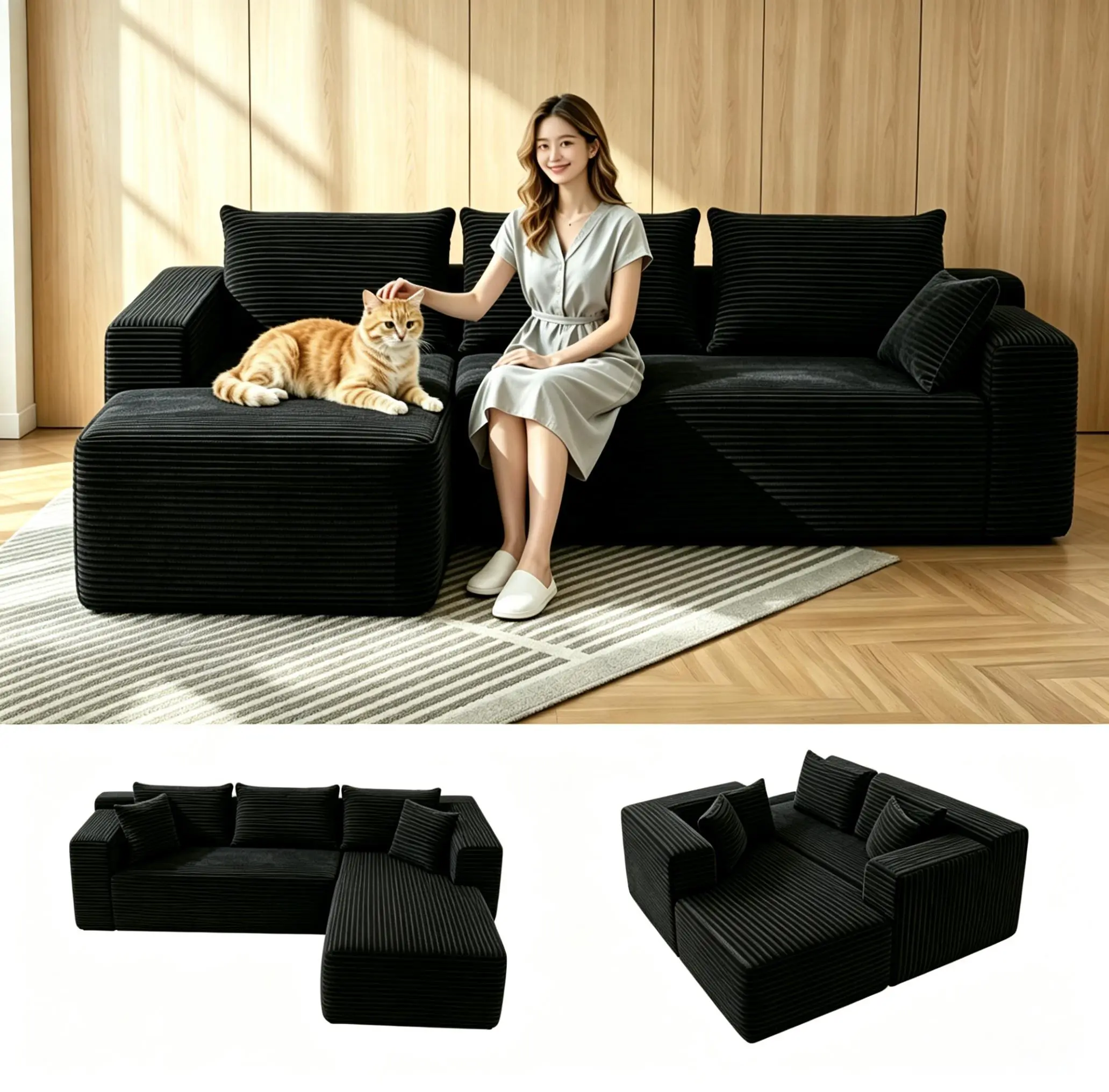 L-Shape Chaise Cloud Sectional Boneless Couches - Modular Upholstered Deep Seating Living Room Furniture, No Assembly High-Density Foam Plush Oversized Rivet Leather, Storage Massage Gaming Recliner Loveseat with Compression Bed