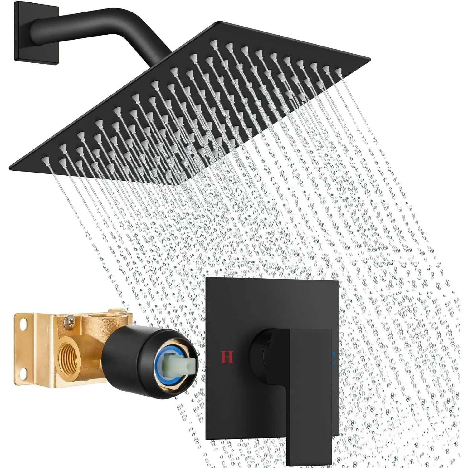 Wall Mount Brass Shower Faucet Set with 1-Way Filtered Mixing Valve, 8-Inch High-Pressure Rainfall Matte Black Stainless Steel Single Handle Bathroom Trim Kit, Anti-Rust 1-Function Fixtures Combo