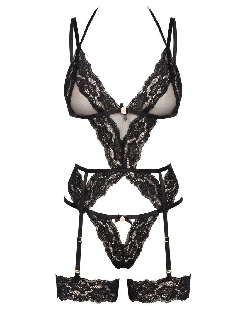 Leg Avenue Women's 2 Piece Cami Garter Set, Sexy Sheer Lace Lingerie with Rosette Accents and Matching G-String Panty, Cami Set