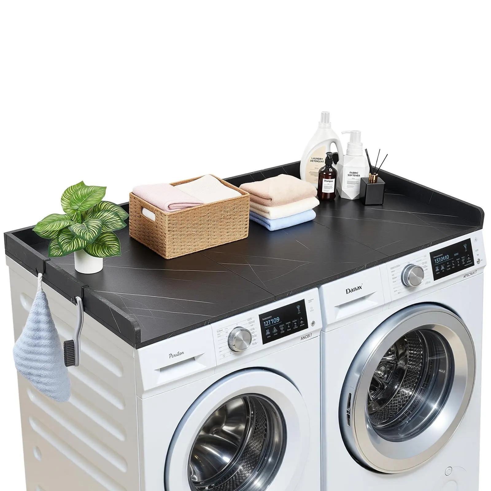 【Summerfinds】VEVOR Washer Dryer Countertop,54 x 27.5 in Marble Washer and Dryer Topper with Edge & 2 HooksWater-Resistant Laundry Machine Topper for Laundry Closet Pantry Counter Organization and StorageBlack, Portable Countertop Washer-Dryers