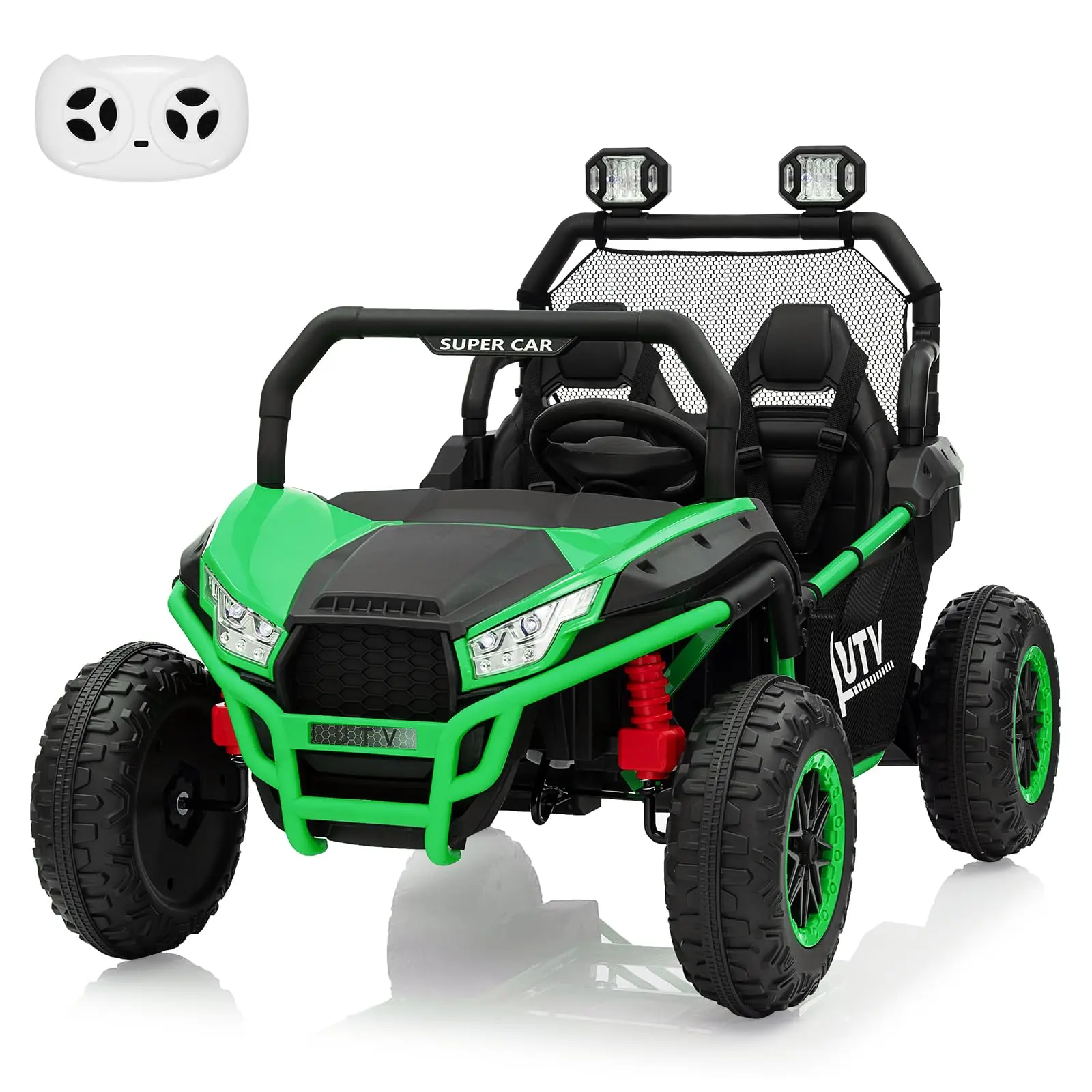 GARVEE 24V Remote Operated 2-Seater Ride-On UTV (Ride on ATV for 3-4 Years) - Green, Spring Shock Suspension, 2 Speeds, LED Lights, Bluetooth, Treaded Tires, 20-24V Batteries, 66.7 lbs