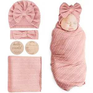 4 Pack Baby Swaddle Blankets Set for Newborn Girls, Includes Matching Hat, Bow Headband & Name Announcement Card, Soft Stretchy Baby Blankets