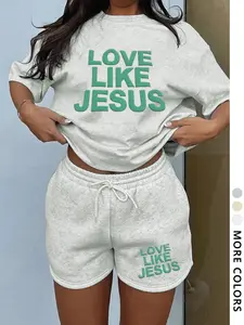 Two-Piece Set Casual Matching Set Women's Jesus & Letter Print Short Sleeve Tee & Shorts, Casual Round Neck T-shirt & Skinny Shorts, Women's Clothing for Daily Wear, Suits