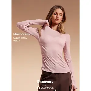 GLOWMODE X Discovery Merino Wool Soft Warm Lightweight Contrasting Seams Thumbholes Slim-Fit Crewneck Merino Wool-Blend Long-Sleeve Top Outdoor Hiking Daily Active Wear Fall Winter