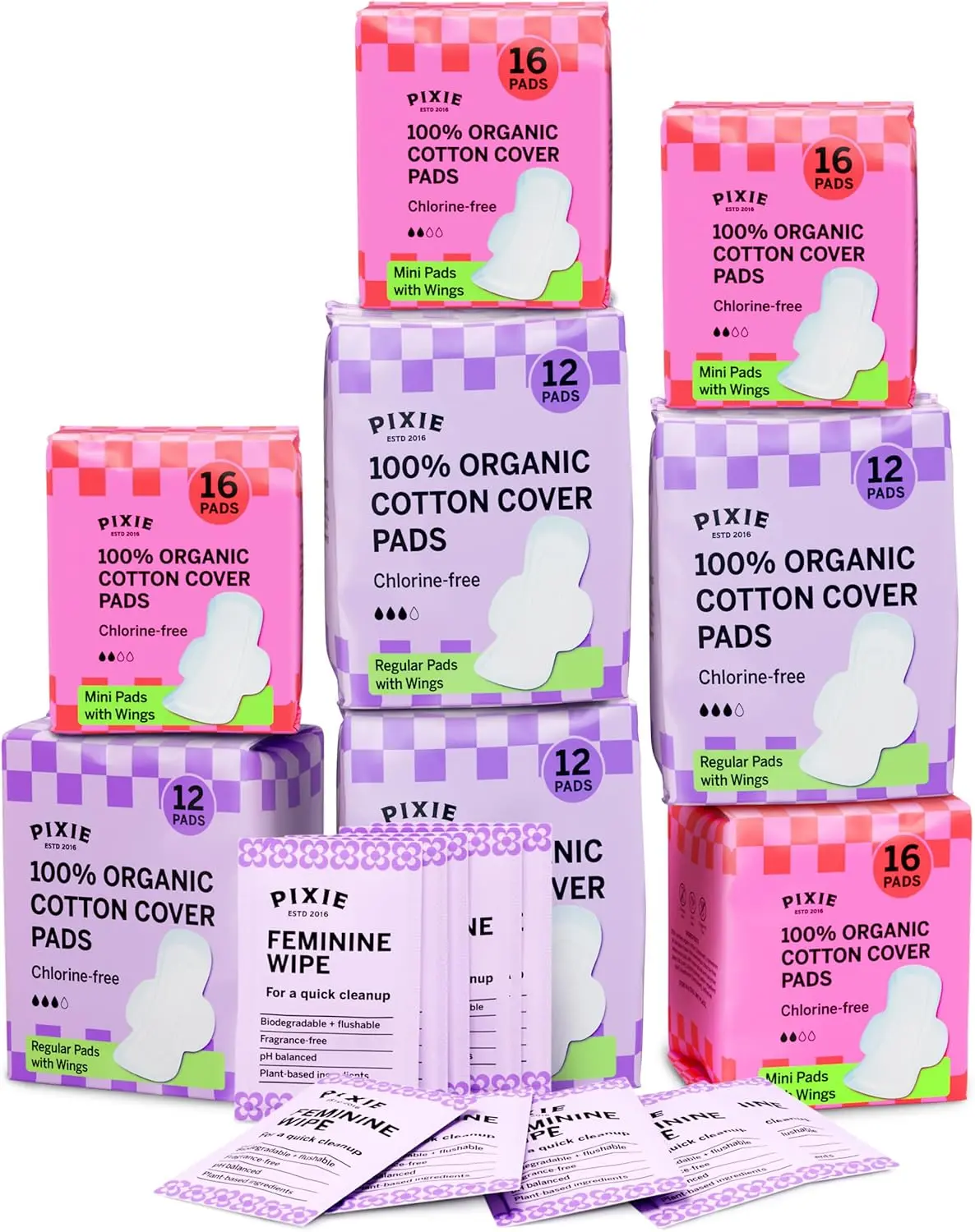 Pixie Organic Cotton Pad Kit for Girls – 64ct Mini & 48ct Regular Pads with Wipes – Leak-Proof with Wings – Perfect for Teens & Light to Average Flow