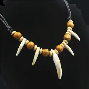 Tribal Acrylic Wolf Tooth Necklace Ethnic Style Handmade Stone Woody Beaded Resin Curly Wolf Fang Tooth Adjustable Cord Collar for Men Women Dress up Jewelry