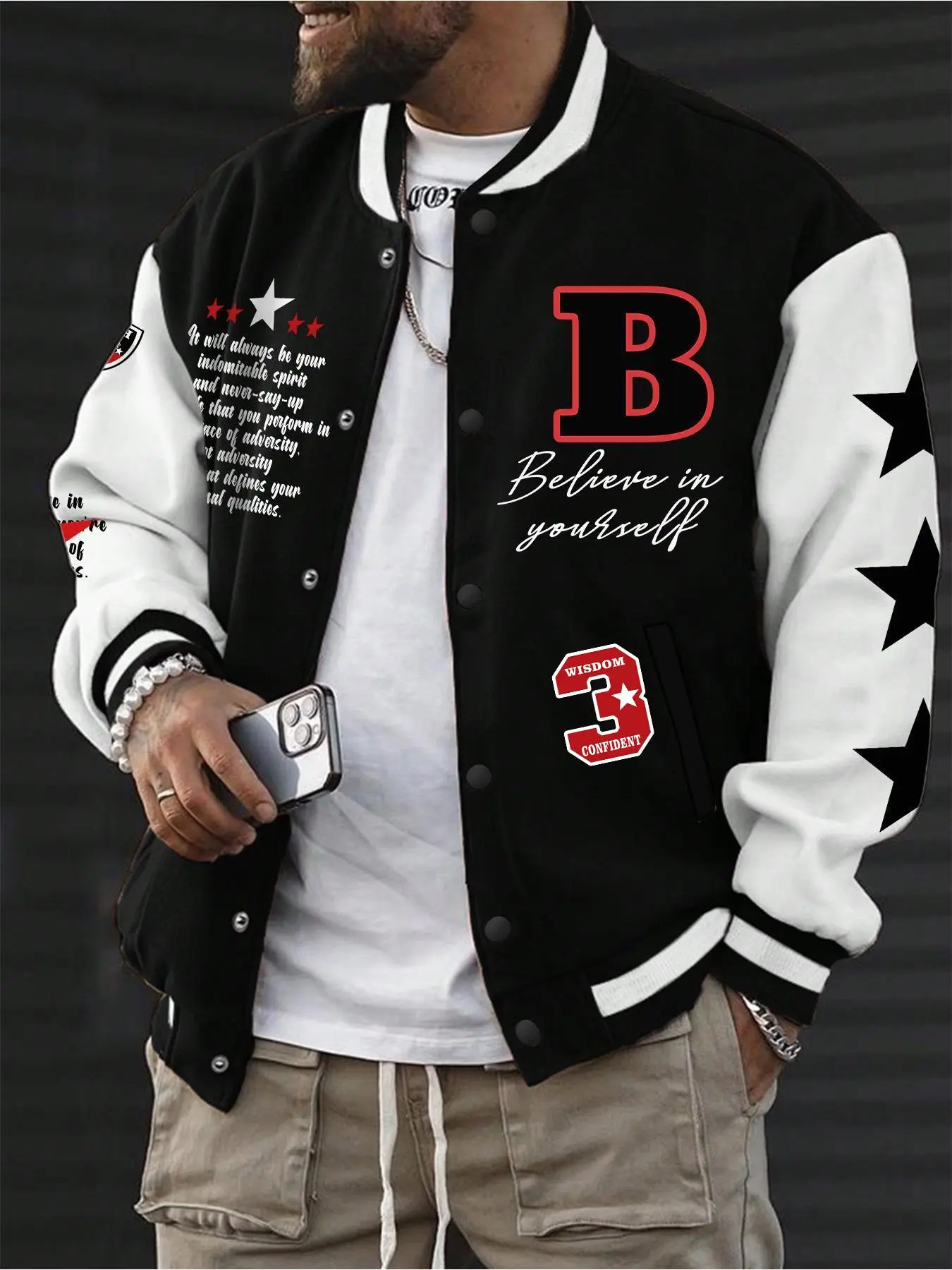 Plus Size Men's Slogan & Stars Print Button Front Thermal Lined Varsity Jacket, All Season Jacket, Casual Regular Fit White and Black Colorblock Long Sleeve Pocket Baseball Collar Outerwear for Fall & Winter, Menswear
