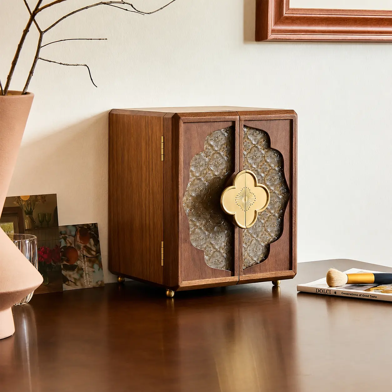 Double Door Walnut Jewelry Box – 5-Layer Wooden Organizer with Magnetic Closure & Velvet Lining