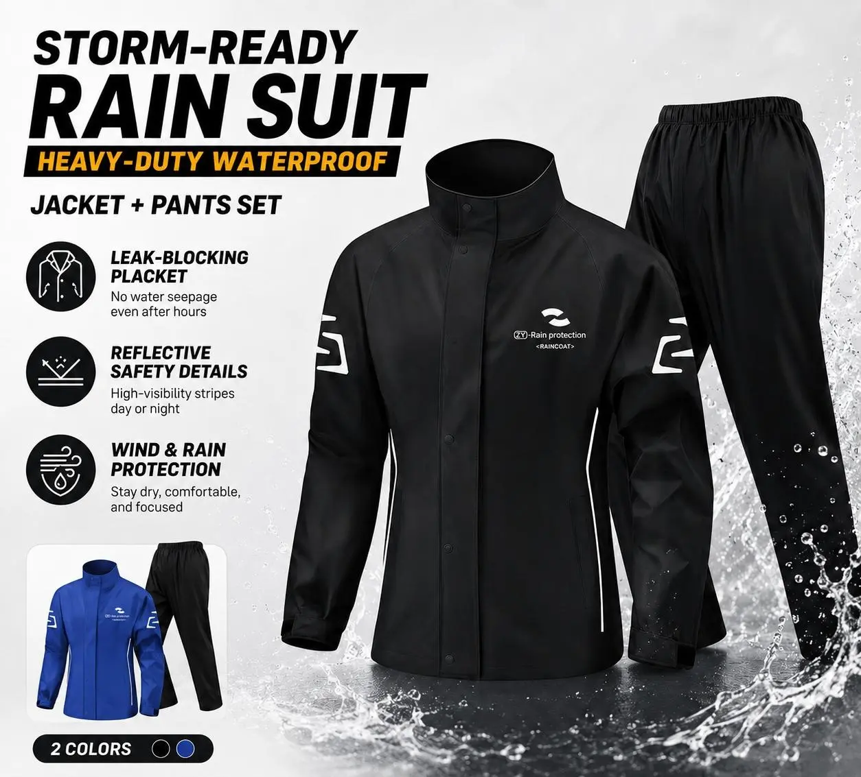 Men's 2-Piece Rain Suit with Waterproof Raincoat and Pants, Sleek Lightweight Wind-Resistant Gear for Motorcycle Riding, Spring, Sets