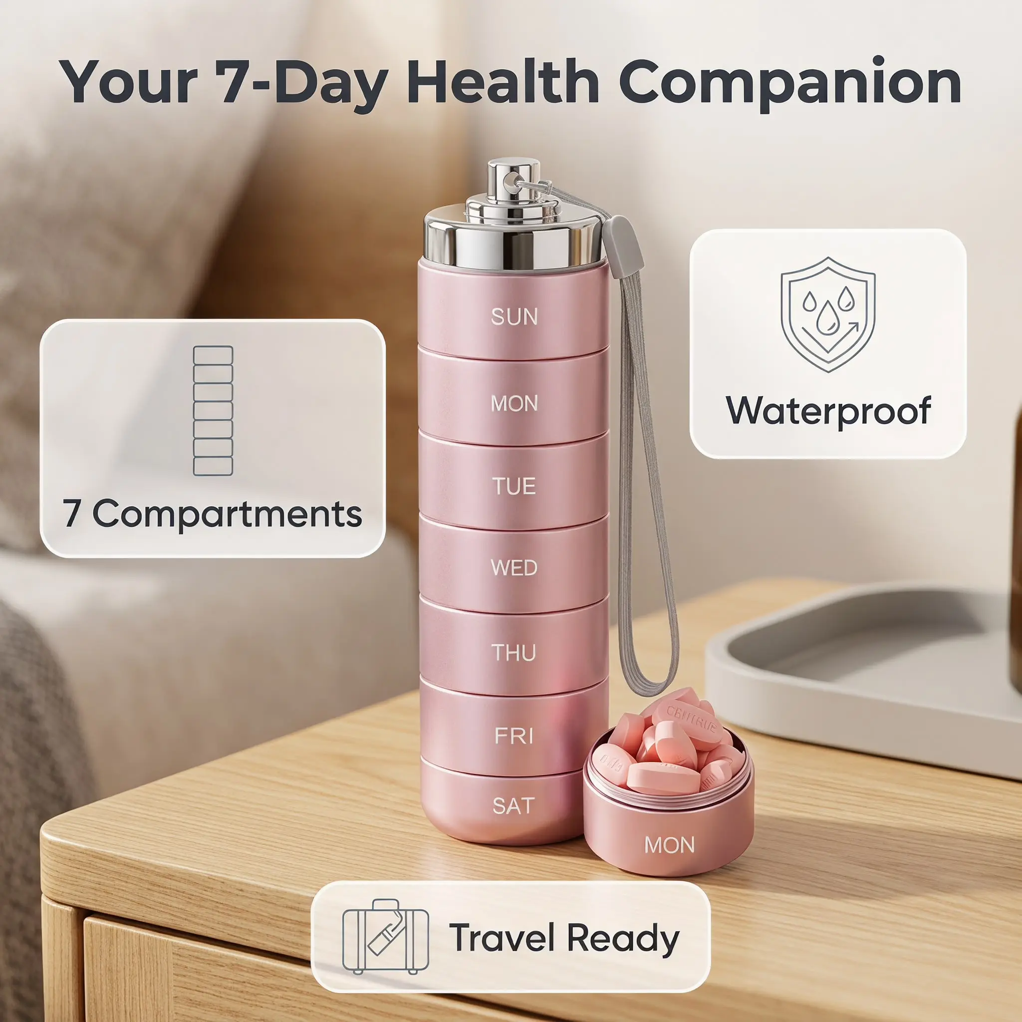 Portable Metal Stackable Pill Organizer | 7-Day 4 Times Daily Large Pill Box, Waterproof Daily Vitamin Container for Fish Oil Supplements Medicine Storage