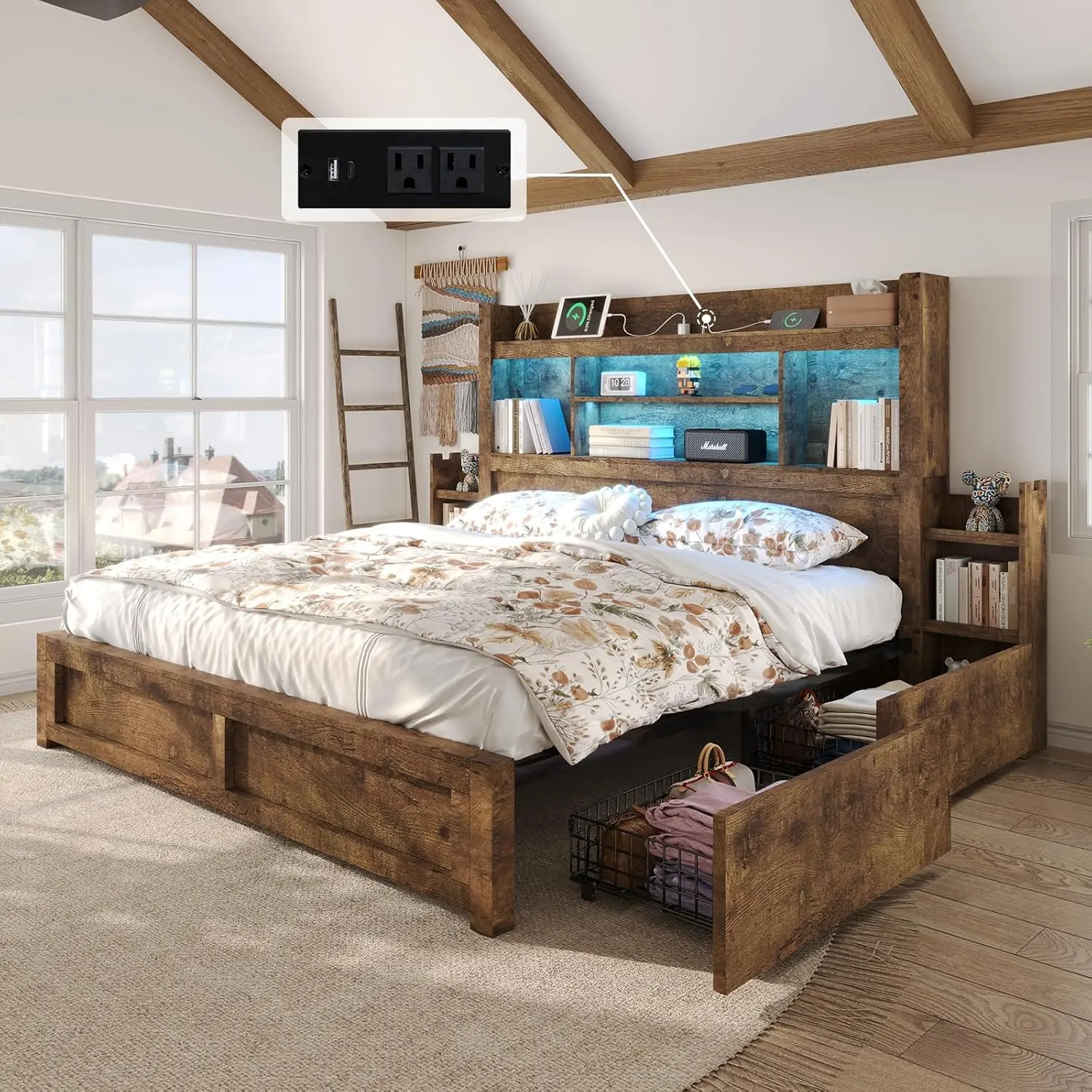 【Spotlight Day】【Ships in 2 Boxes】AMERLIFE Bed Frame with 49.6" Bookcase Headboard & 2 Bedside Stoage Racks & 4 Drawers, Farmhouse Wood Bed Frame with RGB LED & Charging Station, No Box Spring Needed #homemakeover