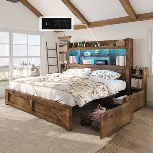 【Ships in 2 Boxes】AMERLIFE Bed Frame with 49.6" Bookcase Headboard & 2 Bedside Stoage Racks & 4 Drawers, Farmhouse Wood Bed Frame with RGB LED & Charging Station, No Box Spring Needed