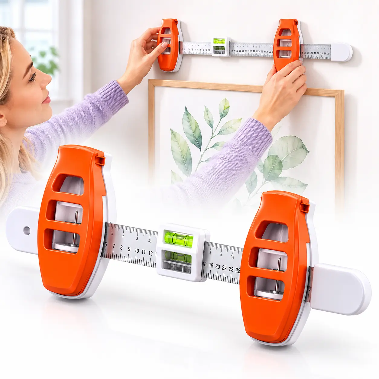Picture Hanging Tool with Built-in Bubble Level, 3-in-1 Wall Marking Ruler for Frames, Mirrors and Home Decor