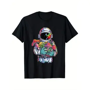 Men's Retro Graphic Tee - Astronaut and Mushroom Print Tee, Black with Colorful Mushroom Design - Machine Washable Soft Crew Neck Top, Festival Wear, Casual Wear, Short Sleeve Tee