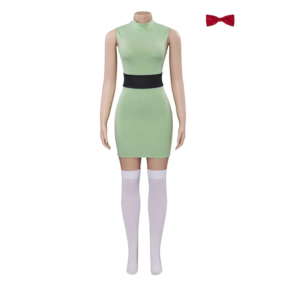 Buttercup Costume for Women, Solid Green Cartoon A-Line Dress with Belt, Comfortable Fabric for Comic Con & Parties, Clothes, Accessories, Powerpuff Costume Girls, Polyester Woven, Superhero Vibe, Party Costume
