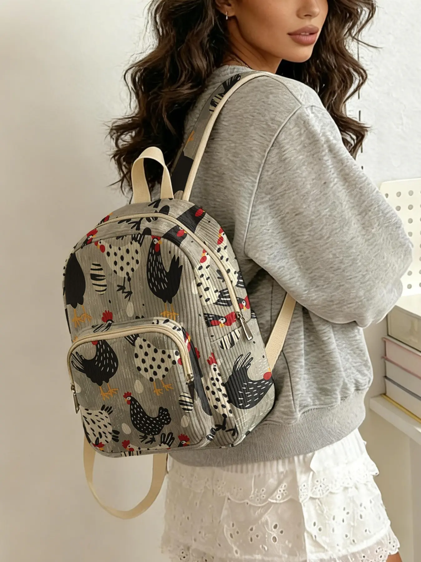 chicken group pattern 2D printed lady's backpack, Casual daypack backpacks, Casual, Trendy, Backpack for school, corduroy texture + layered storage + lightweight, Perfect for students to go to class/shopping/short trips, Combines practicality