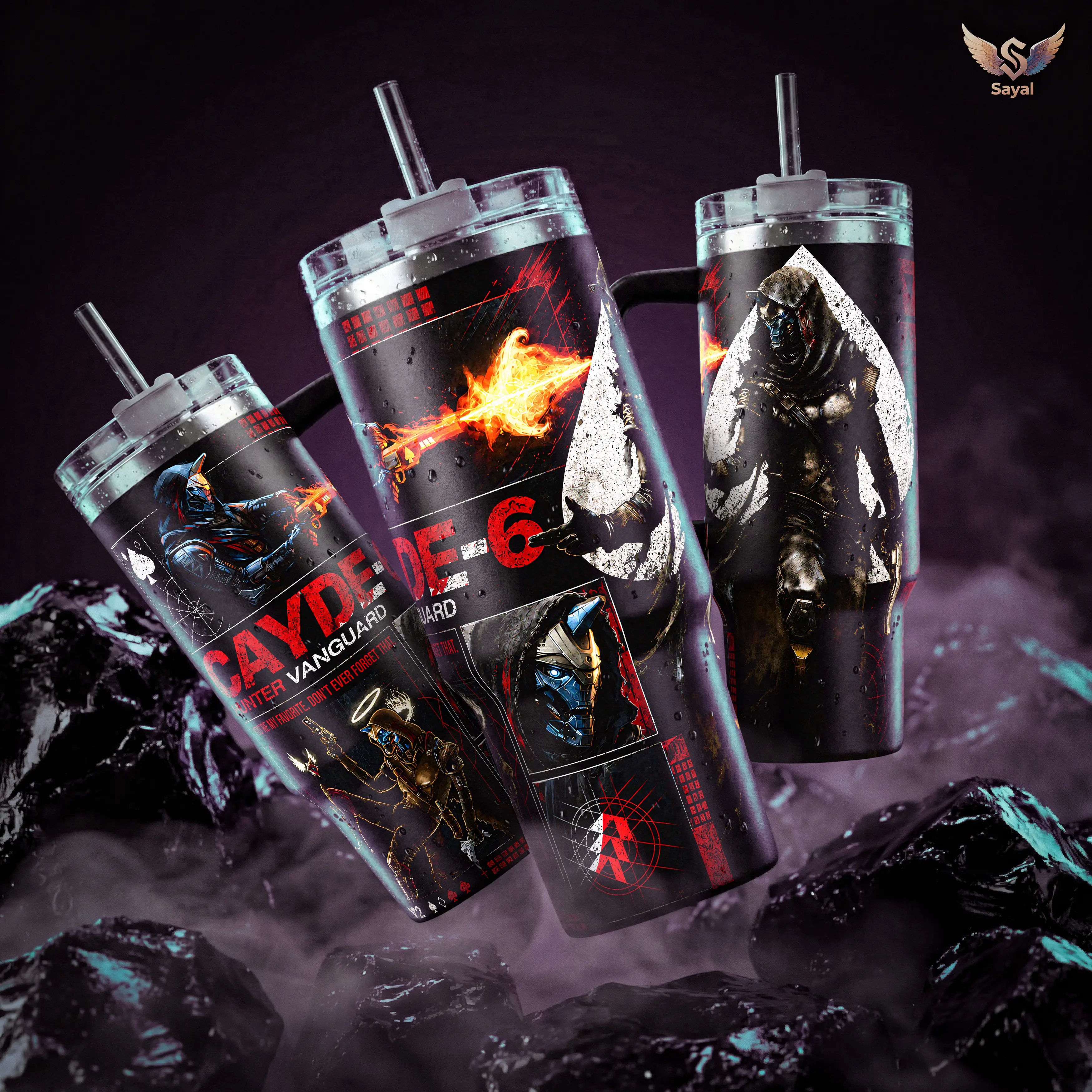 Cayde 6 Hunter Vanguard Destiny 40 20 oz Insulated Tumbler Stainless Steel Handle Straw Keeps Drinks Hot Cold Red Black Gaming Merch For Fans Water Bottles Tumbler Insulated Drinkware