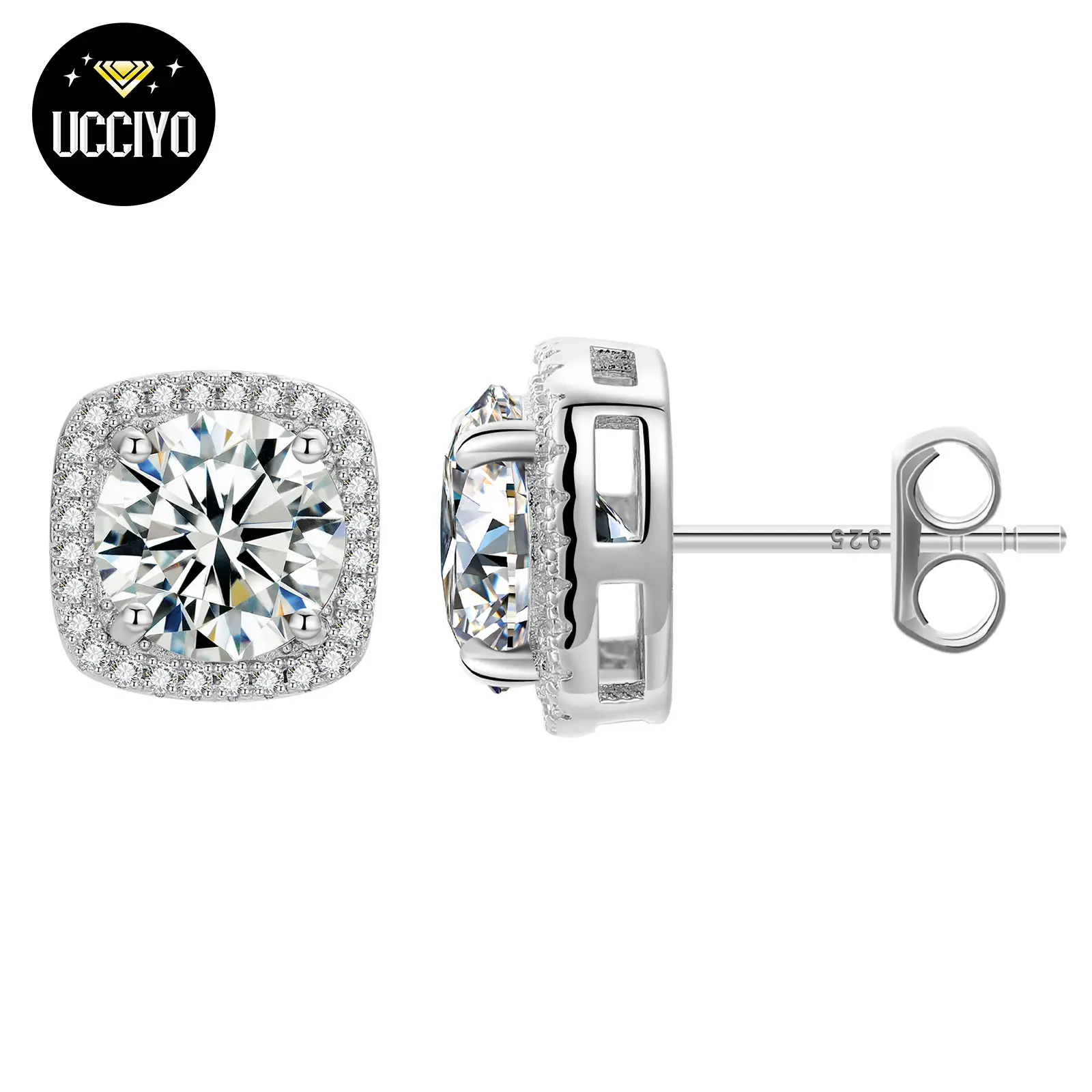 【#E203】UCCIYO D VVS Synthetic Moissanite Square Stud Earrings 925 Sterling Silver Women Wedding Jewelry Elegant Jewelry Birthday Gift Anniversary Even