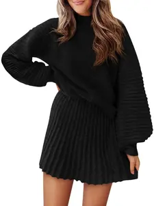 COCCKO Womens 2 Piece Skirt Sets Fall Fashion 2025 Mock Neck Ribbed Knit Sweaters And Mini Skirt Two Piece Outfits Casual Pullover