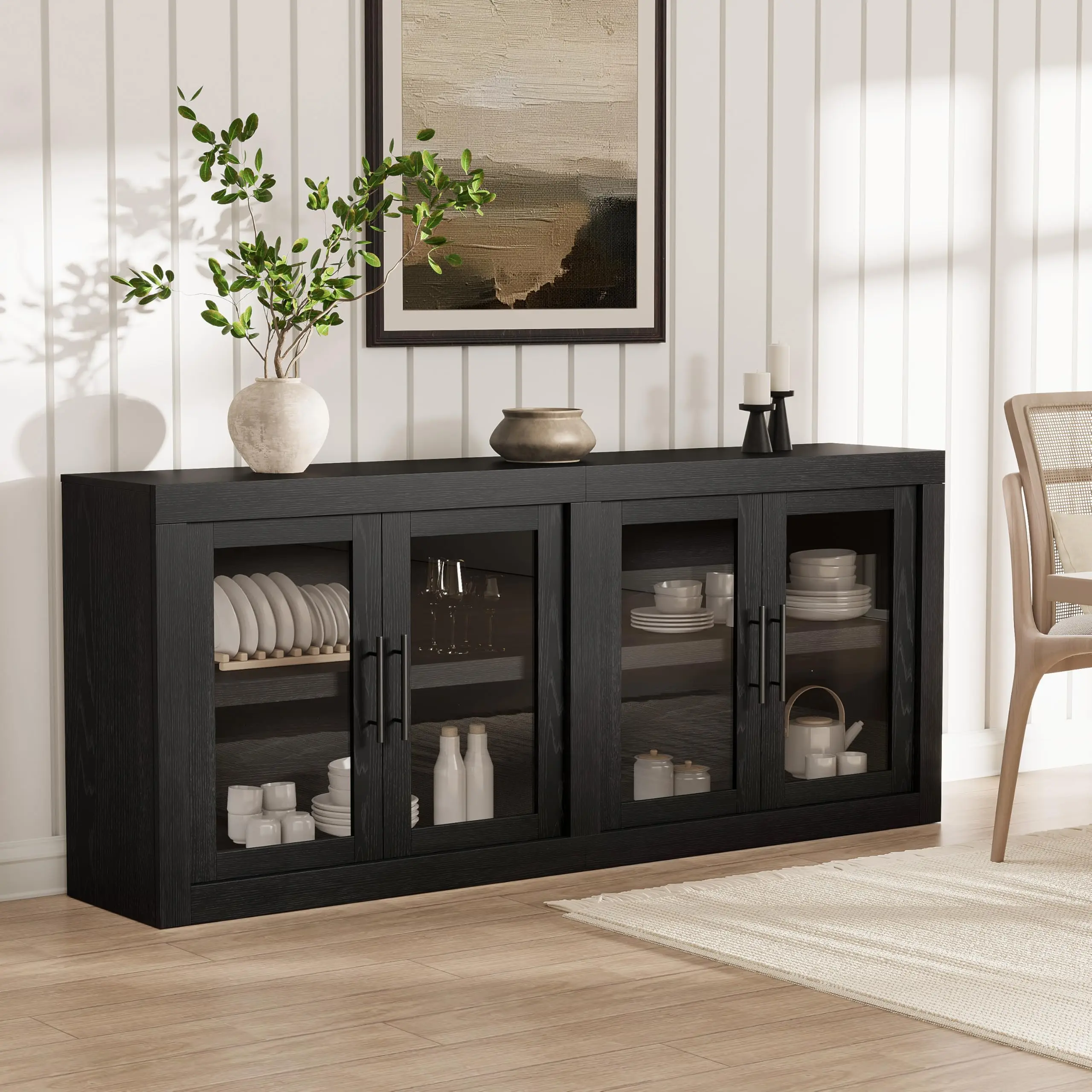 Black 70.8 in Mid-Century Modern Wood Sideboard Buffet Cabinet - Storage, 4 Tempered Glass Doors, 100 lb Capacity, Stable, Effortless Assembly & Cleaning, Coffee Bar Media Console Credenza for Living Room, Kitchen, Premium Pb Material, Midcentury Modern,,