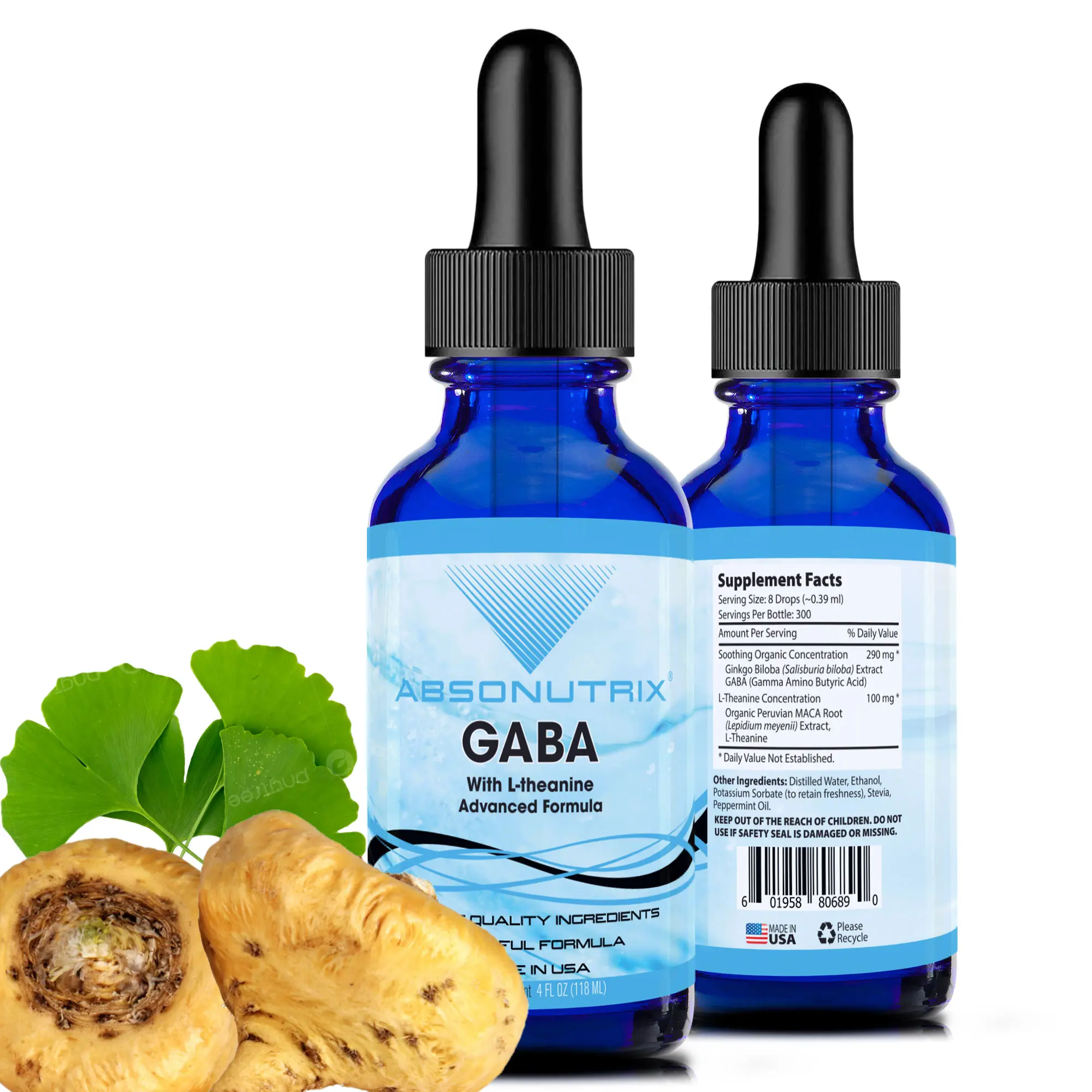 Absonutrix GABA with L-Theanine Dietary Supplement, 290 mg, 4 Oz Liquid, 300 Servings, Made in USA, Quick Absorption, Quality Potent Ingredients, Non-GMO, GMP Certified, Cruelty-Free