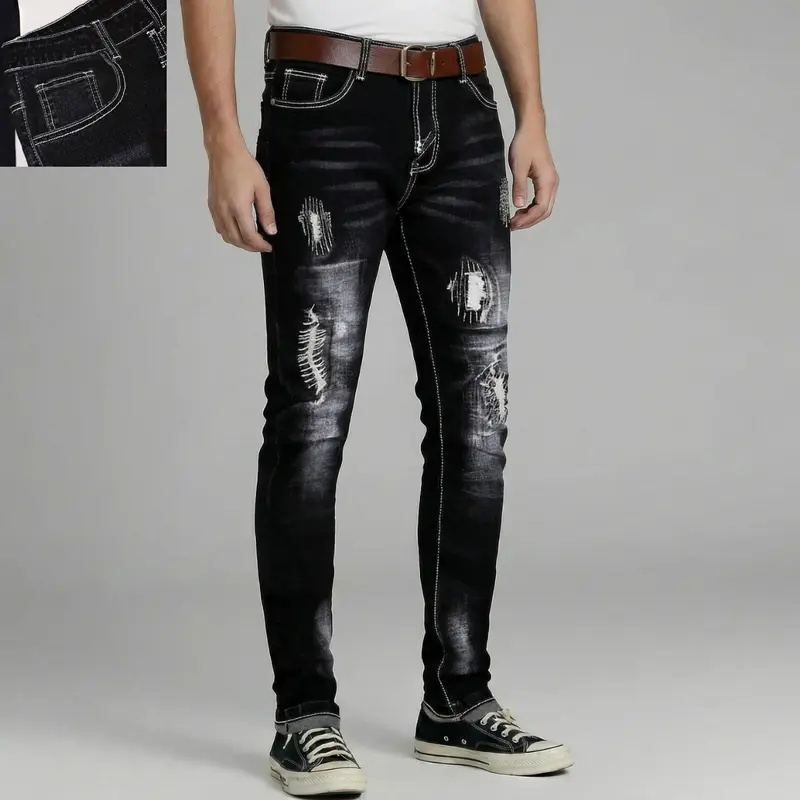 Men's Vintage Style Washed Ripped Skinny Jeans, Stylish Slim Fit Denim Pants for Street Style, Casual & Everyday Outfit