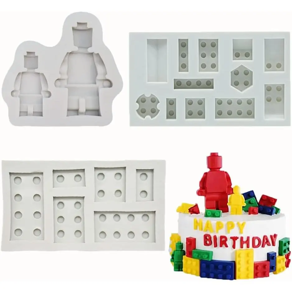3 count Building Bricks Robots Silicone Molds for DIY Fondant Candy Making Tools Chocolate Mold Desserts Ice Cube Gum Clay Biscuit Plaster  Cupcake Topper Cake Border Decor Moulds