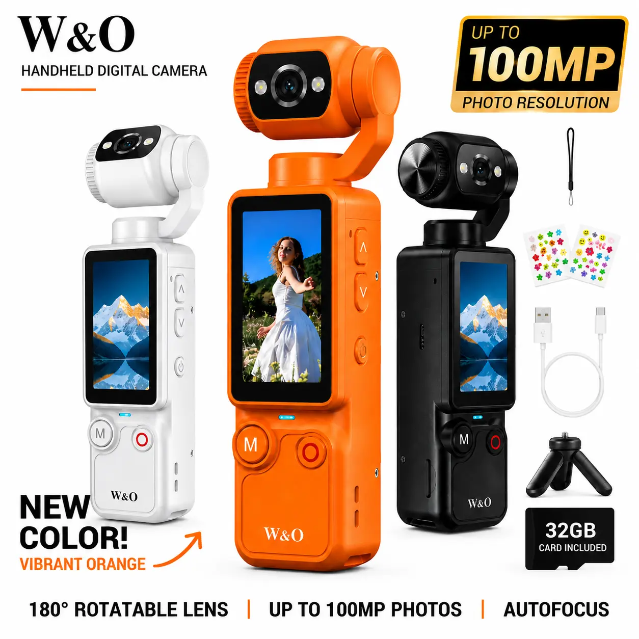 W&O 180° Rotating Lens Vlogging Camera, Portable Handheld Digital Camera with Autofocus, 1.9" Screen, 100MP Photo Resolution, 32GB Memory Card and Mini Tripod, USB Rechargeable Camera for Travel & Daily Recording