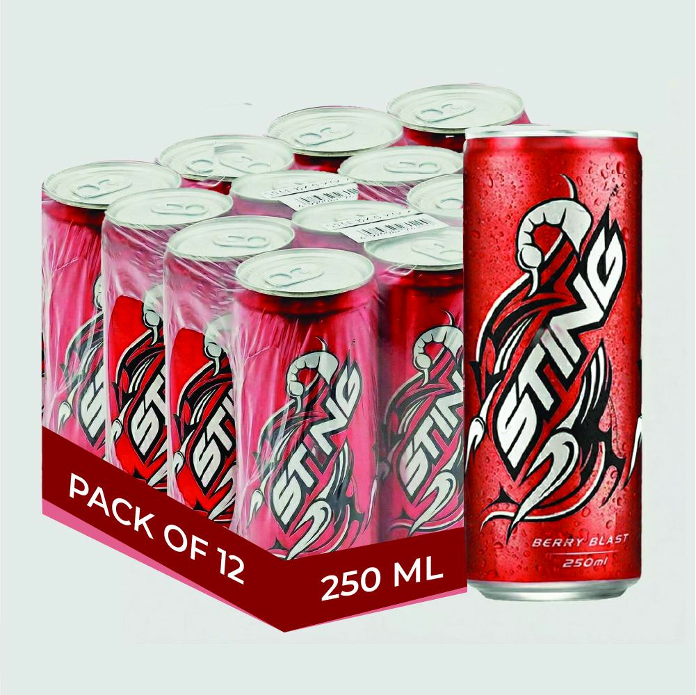 Sting Strawberry Energy Drink Pack of 12 (250ml Each) – Bulk Carbonated Energy Beverage, Refreshing Berry Flavor Drink for Daily Energy