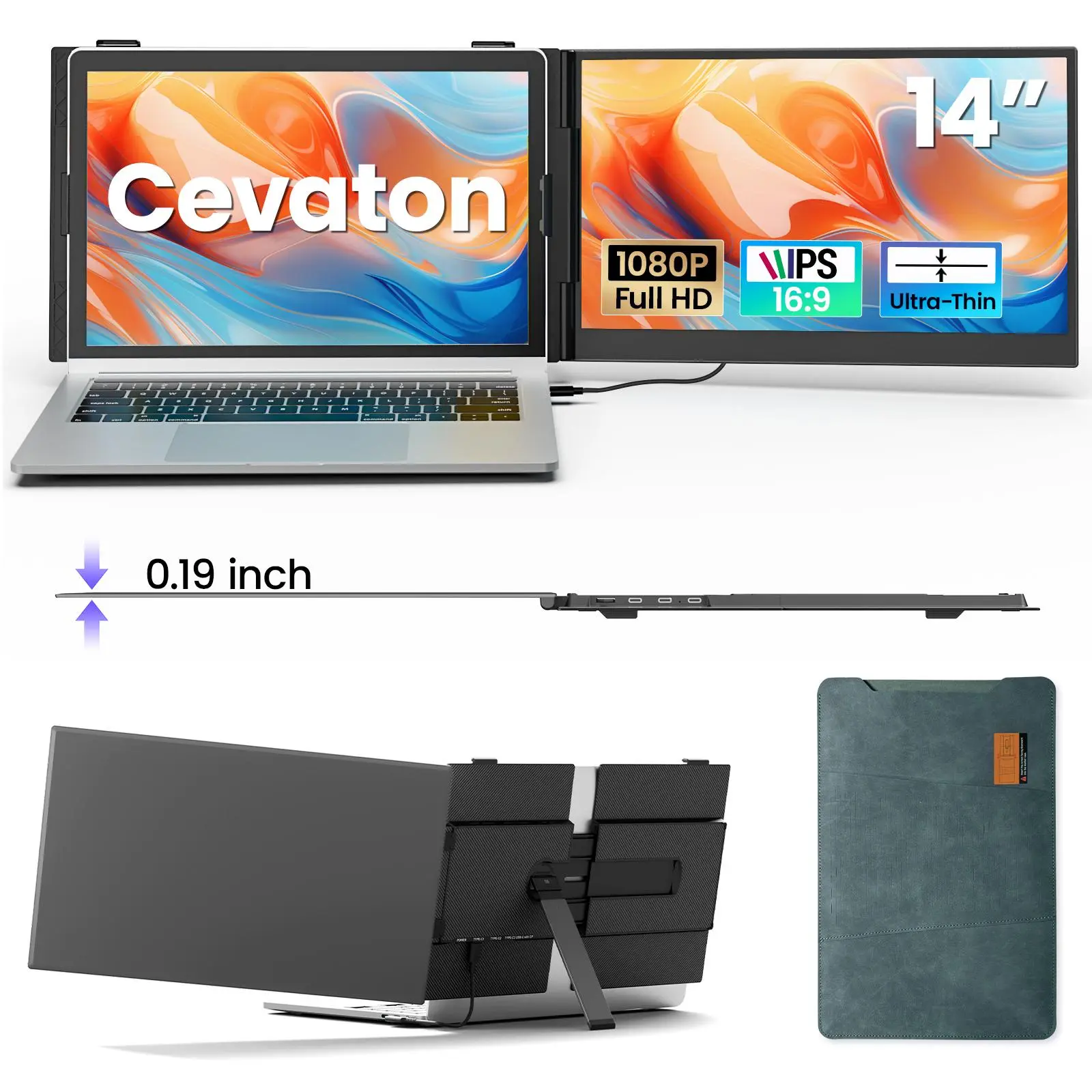Laptop Monitor Extender 14", Portable Second Screen for Laptotible with 13.3-17p, FHD 1080P IPS Display, Plug & Play USB-C & HDMI External Laptop Monitor, Ultra Slim Travel Monitor, 360° Rotatable, Compa" Windows Laptops, MacBook, Tablet & Android Phone