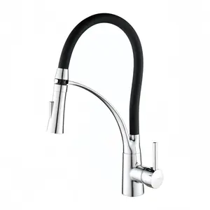 Extractable Kitchen Faucet Flexible Silicone Sprayer, Single Handle Pull-Down Brass Goose Neck, Modern High Arc, Polished Chrome Rubber Nozzle Hose