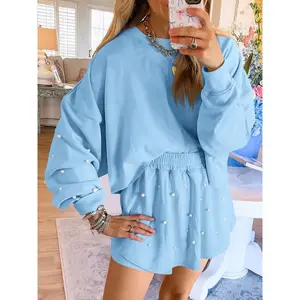 Womens Casual 2 Piece Outfits Decor Pearl Long Sleeve Sweatshirt and Fall Loose Skort Mini Skirt Sets