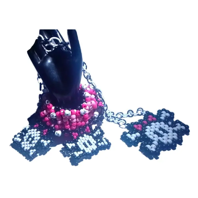 Skull Kandi Necklace and Bracelet-3D Kandi Handmade Beaded Bracelet 5 Hanging Skulls w/Pink Bows -Rave Cuff