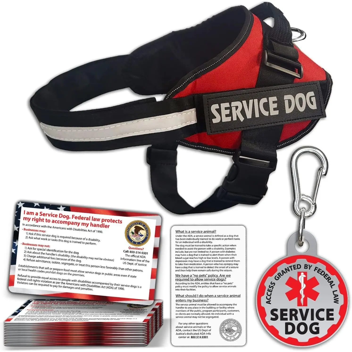 Solid Nylon/Metal Service Dog Vest Harness Set - Multi-Size (X-Small to XX-Large), Rain & Wear-Resistant Metal ID Tag with Durable Clip, 50 2-Sided ADA Information Cards (Credit Card Dimensions), ESA Accessory