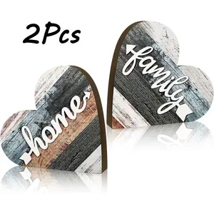 2 Pcs Grateful & Blessed Wooden Hearts, Rustic Farmhouse Table Centerpieces for Living Room, Handcrafted Shelf Decor with Inspirational Message, Housewarming Gift