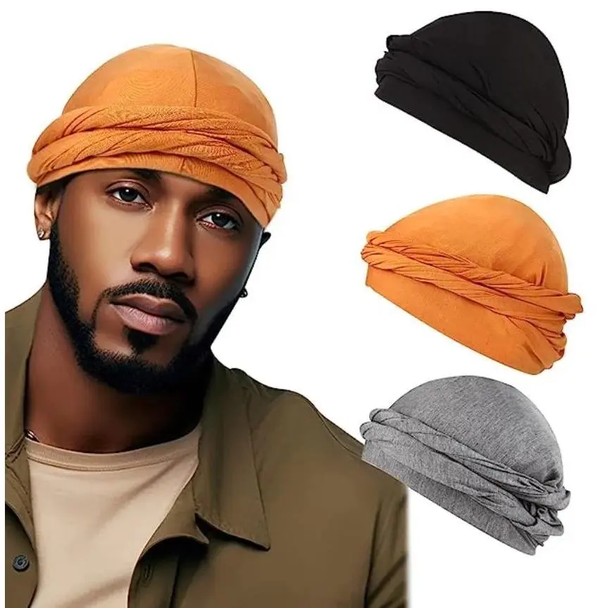 Men's Vintage Pullover Turban, Stretch Cotton Spandex Head Wrap with Satin Lining, Pre-Tied Halo Fashion Headscarf, Free Size