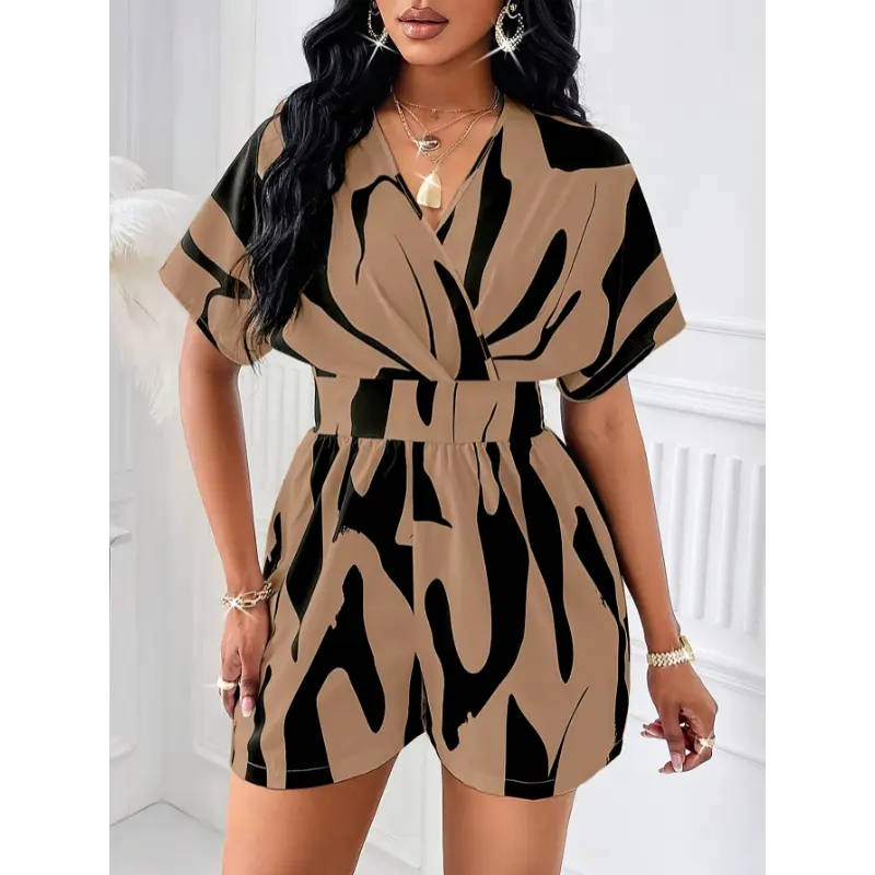 Women's Polyester Tropical Print V-Neck Batwing Sleeve Shirred Waist Textured Woven Romper - Sports & Outdoor Jumpsuit, Machine Washable, Non-Dry-Cleanable, All-Season Wear