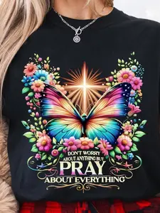 1pc Christian Prayer T-Shirt - Oversized Retro Crew Neck Short Sleeve Tee with Butterfly Floral Faith Print, Breathable Sweat-Wicking Soft Fabric Suitable for Church, Casual Wear, Christmas Gifts, Daily Commute & H-Line Top