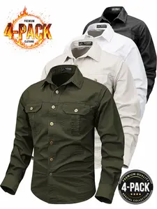 Men's 4-Pack Long Sleeve Work Shirts, Casual Pocket Shirt, Durable Wrinkle-Resistant Fabric, Dual Patch Pockets, Perfect for Construction & Outdoor Activities
